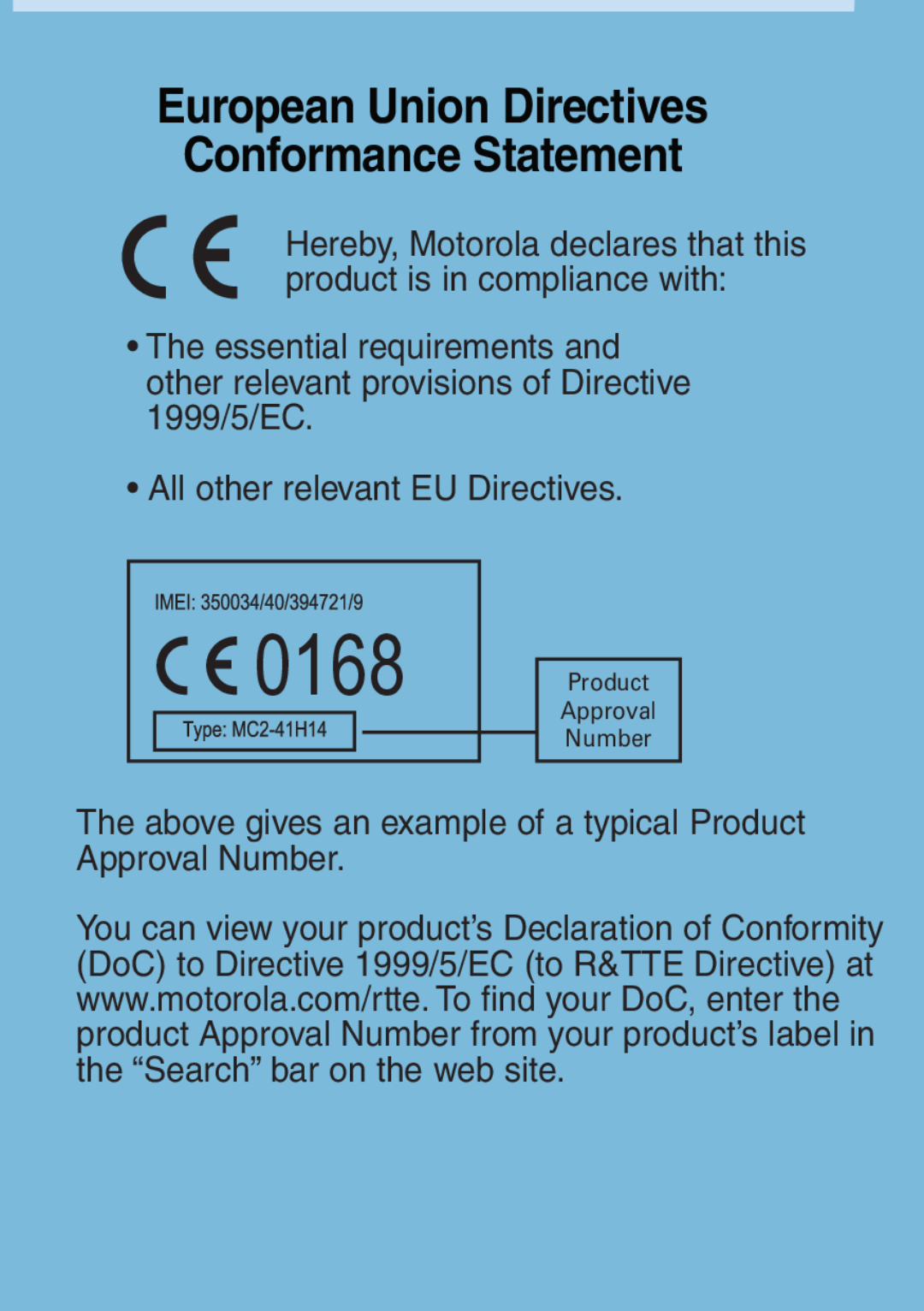 Motorola H500 manual 0168, European Union Directives Conformance Statement 
