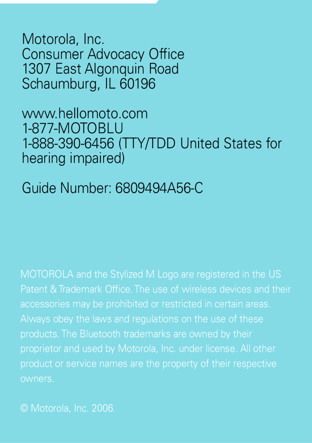 Motorola H500 manual Motorola, Inc Consumer Advocacy Office 