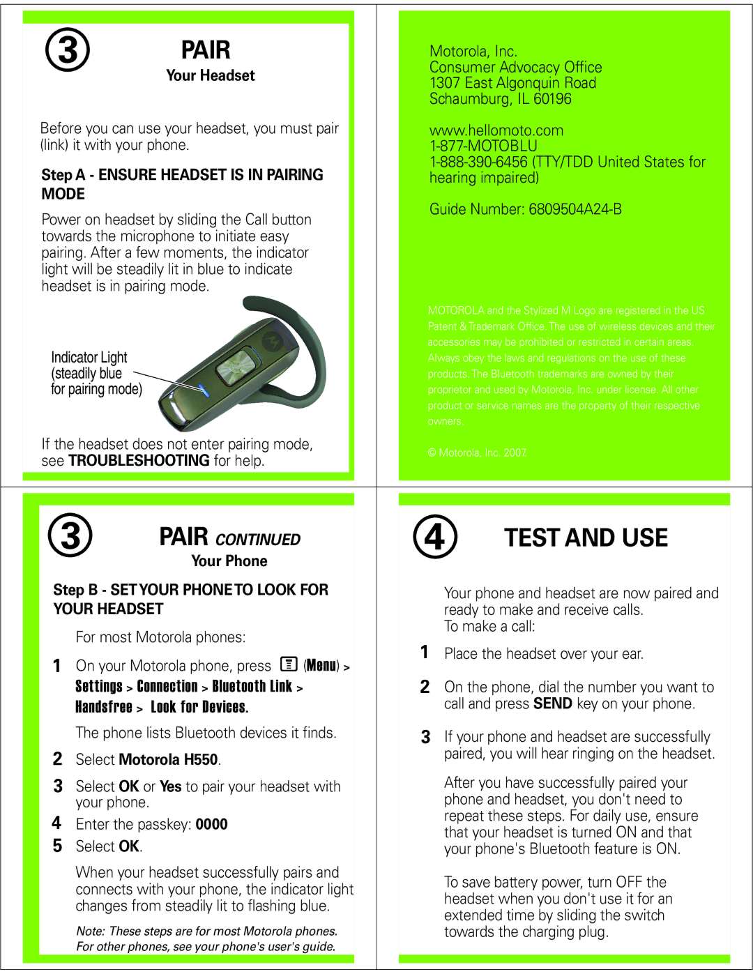 Motorola H550 manual Pair, Test and USE 