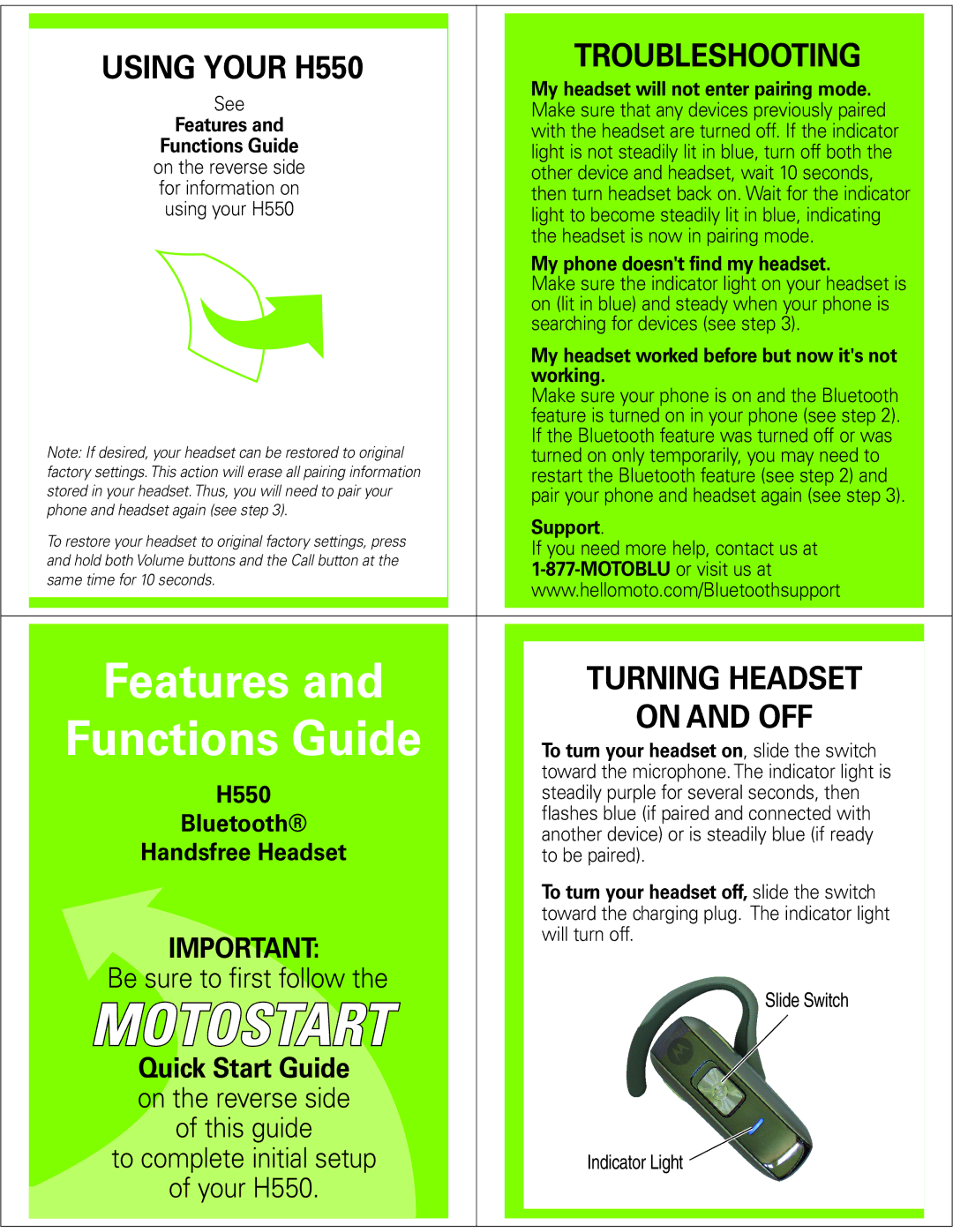 Motorola manual Troubleshooting, Using Your H550, Turning Headset, On and OFF 