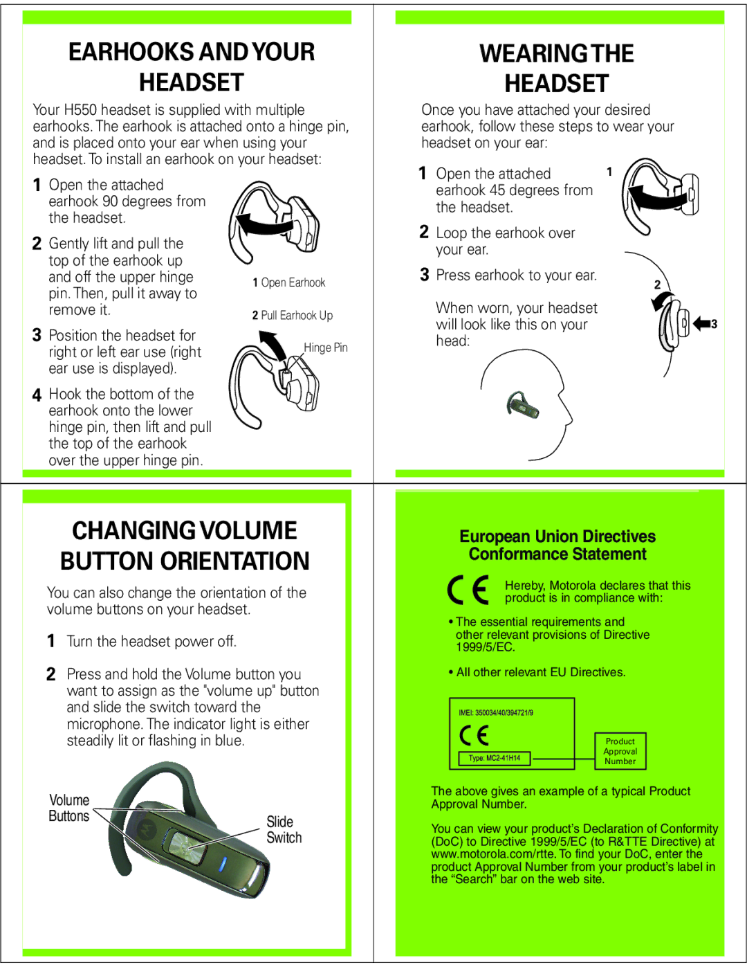 Motorola H550 manual Earhooks and Your Wearing, Headset, Changing Volume, Button Orientation 