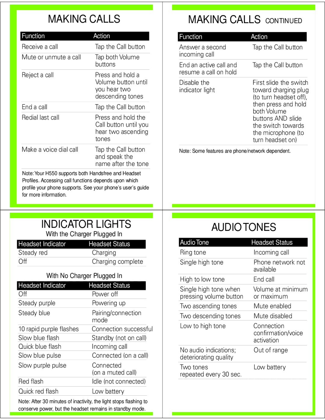 Motorola H550 manual Making Calls, Audio Tones 