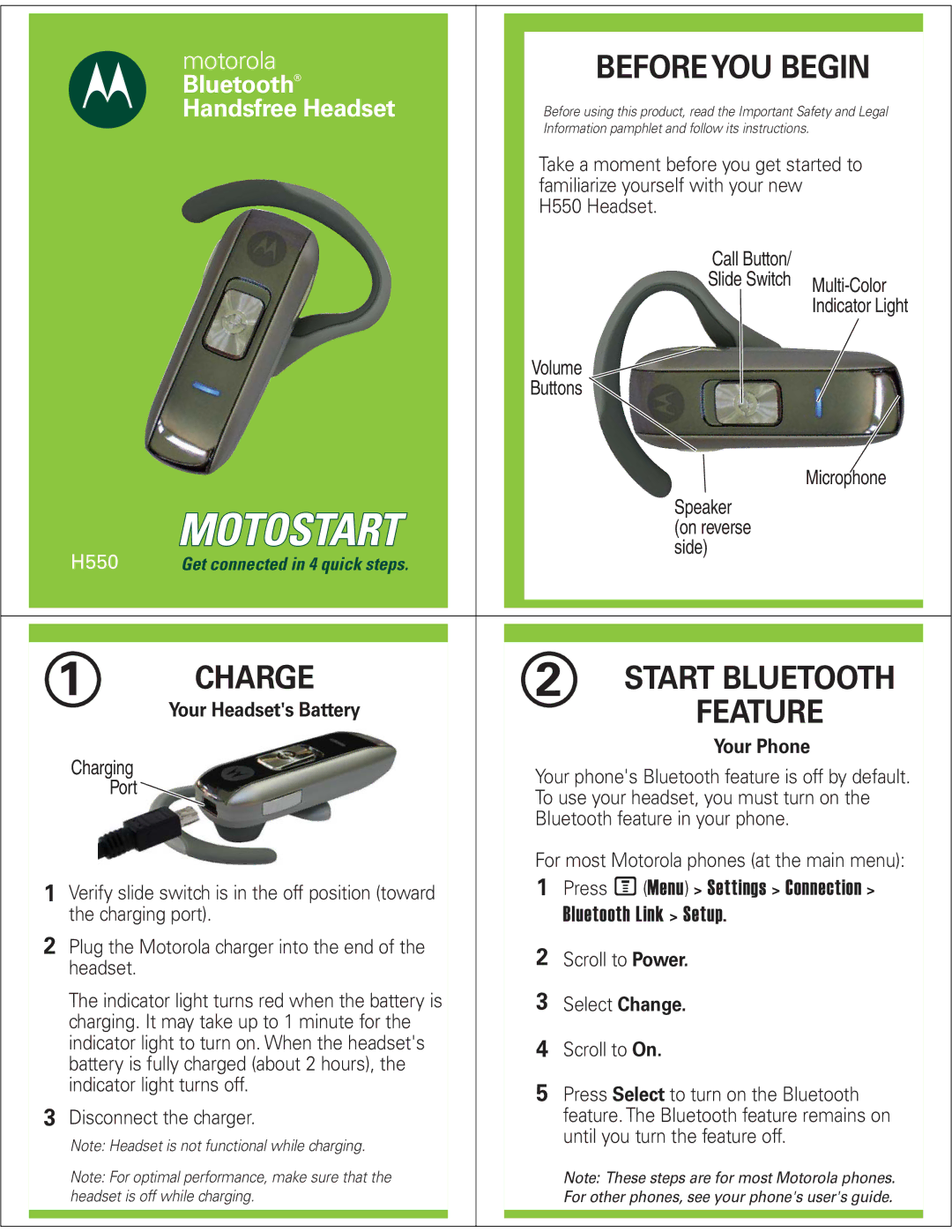 Motorola H550 manual Charge, Before YOU Begin, Start Bluetooth, Your Headsets Battery 