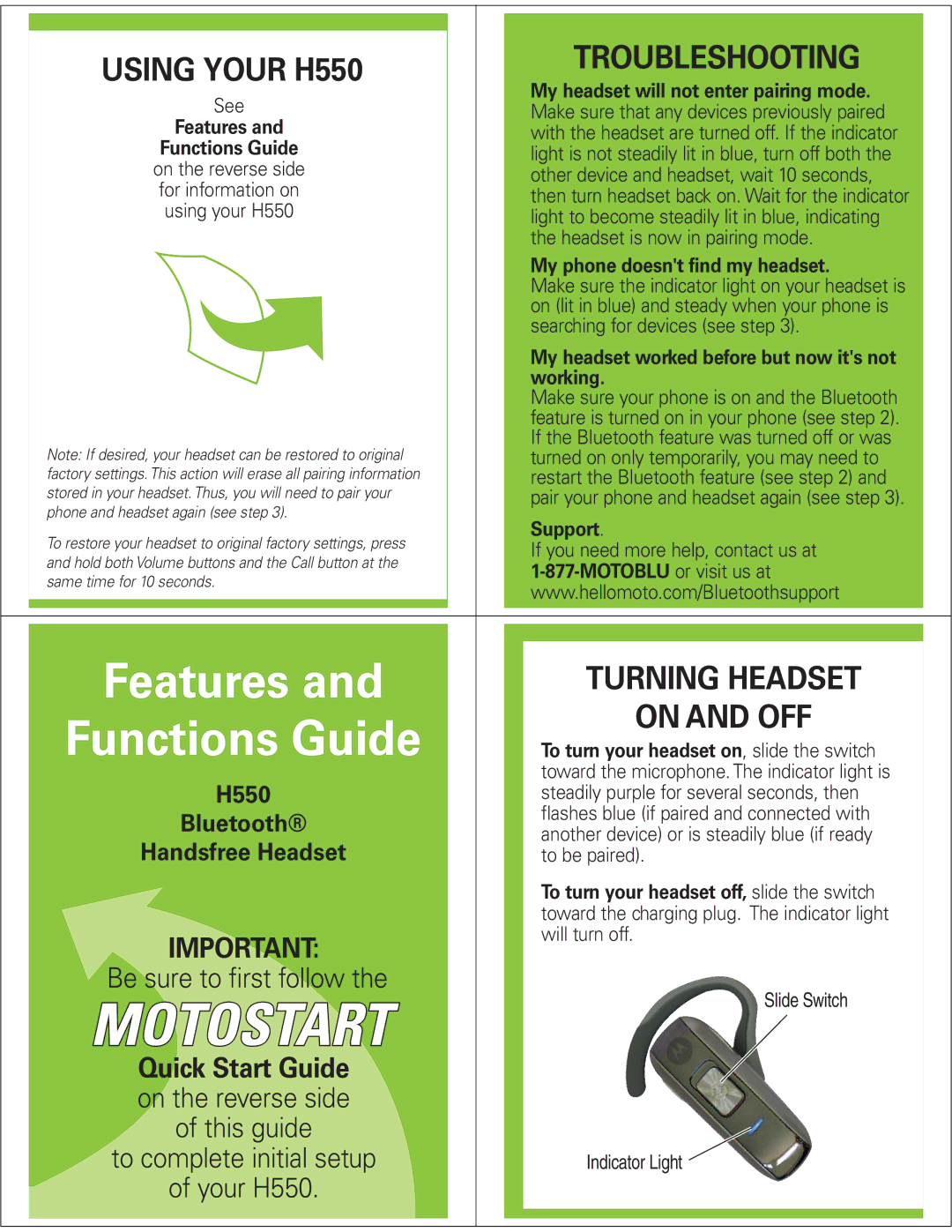 Motorola manual Troubleshooting, Using Your H550, Turning Headset, On and OFF 