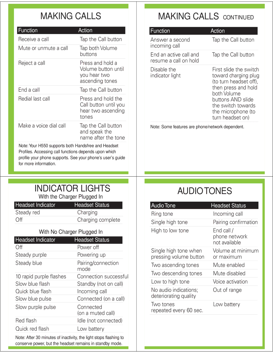 Motorola H550 manual Making Calls, Audio Tones 