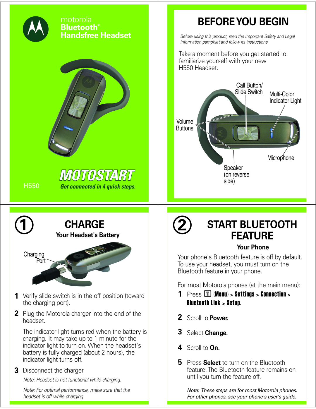 Motorola H550 manual Charge, Before You Begin, Start Bluetooth, Feature, Press MMenu Settings Connection, motorola 
