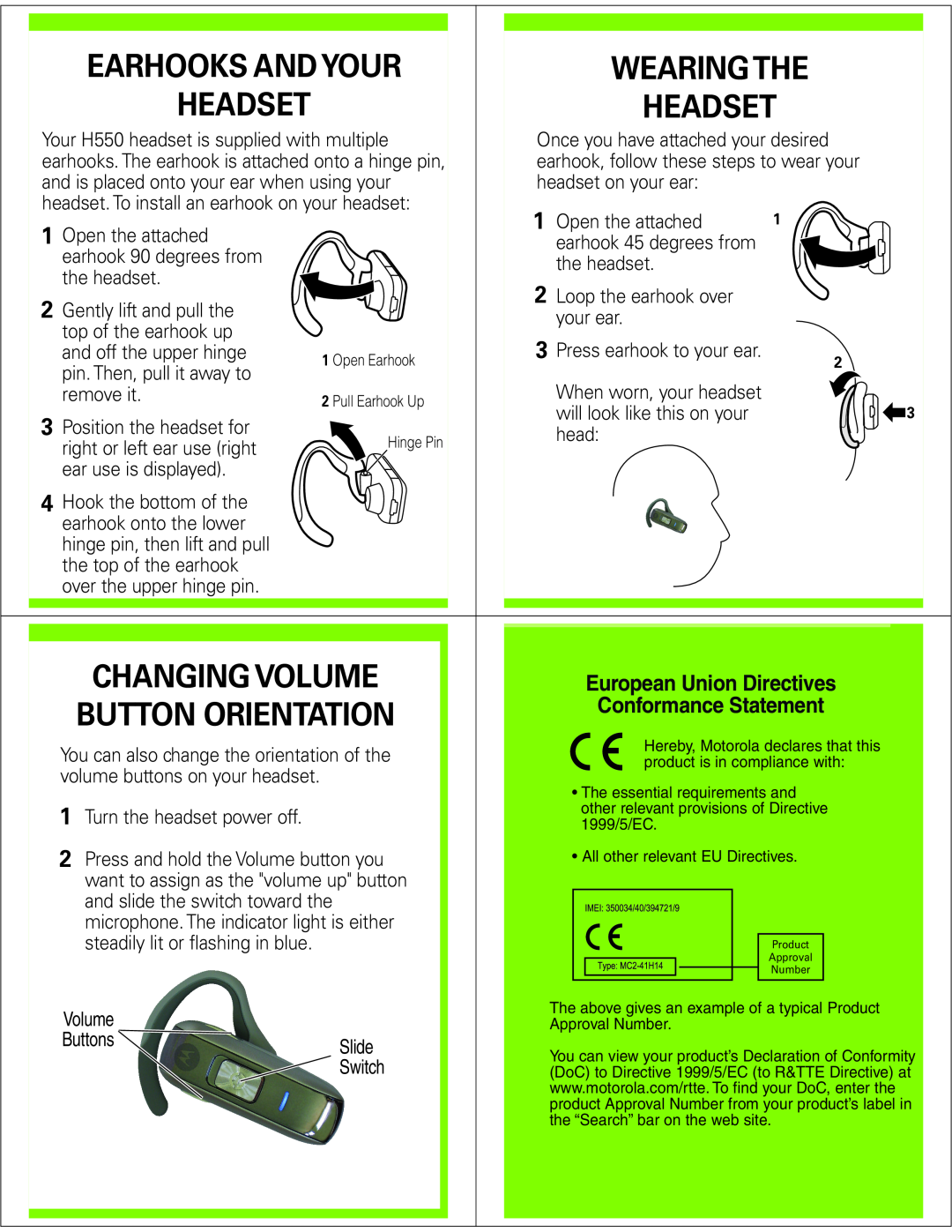 Motorola H550 Earhooks And Your, Wearing The, Headset, Changing Volume, Button Orientation, European Union Directives 