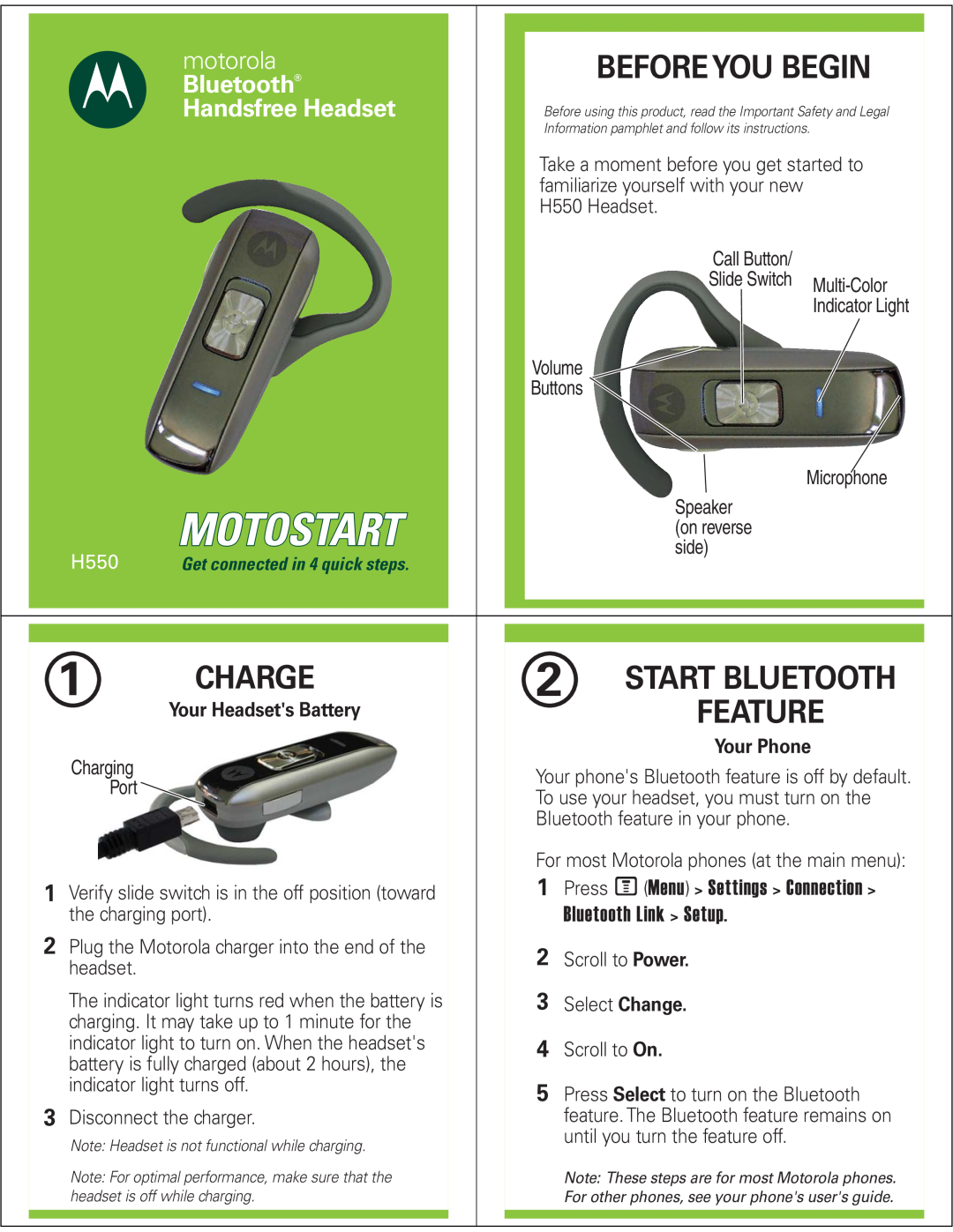 Motorola H550 manual Charge, Before You Begin, Start Bluetooth, Feature, Press MMenu Settings Connection, motorola 