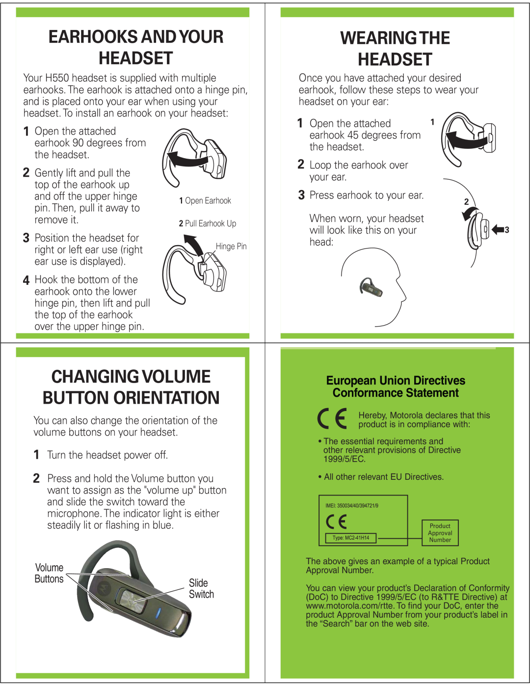 Motorola H550 Earhooks And Your, Wearing The, Headset, Changing Volume, Button Orientation, European Union Directives 
