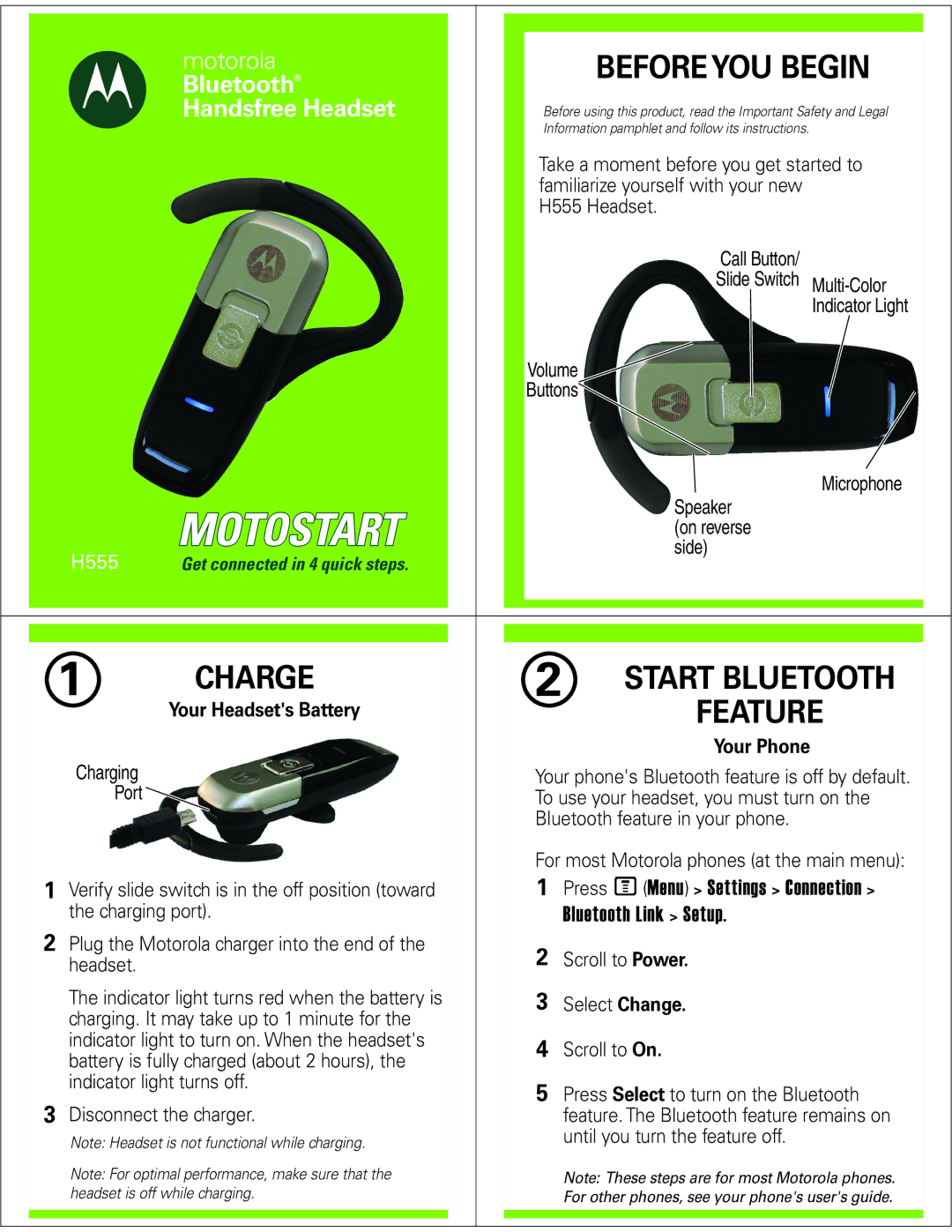 Motorola H555 manual Charge, Before YOU Begin, Start Bluetooth, Your Headsets Battery 