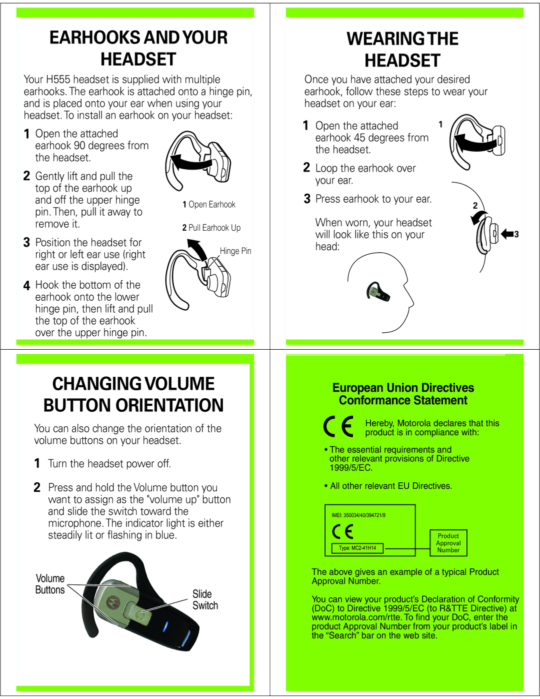 Motorola H555 manual Earhooks and Your Wearing, Headset, Changing Volume, Button Orientation 