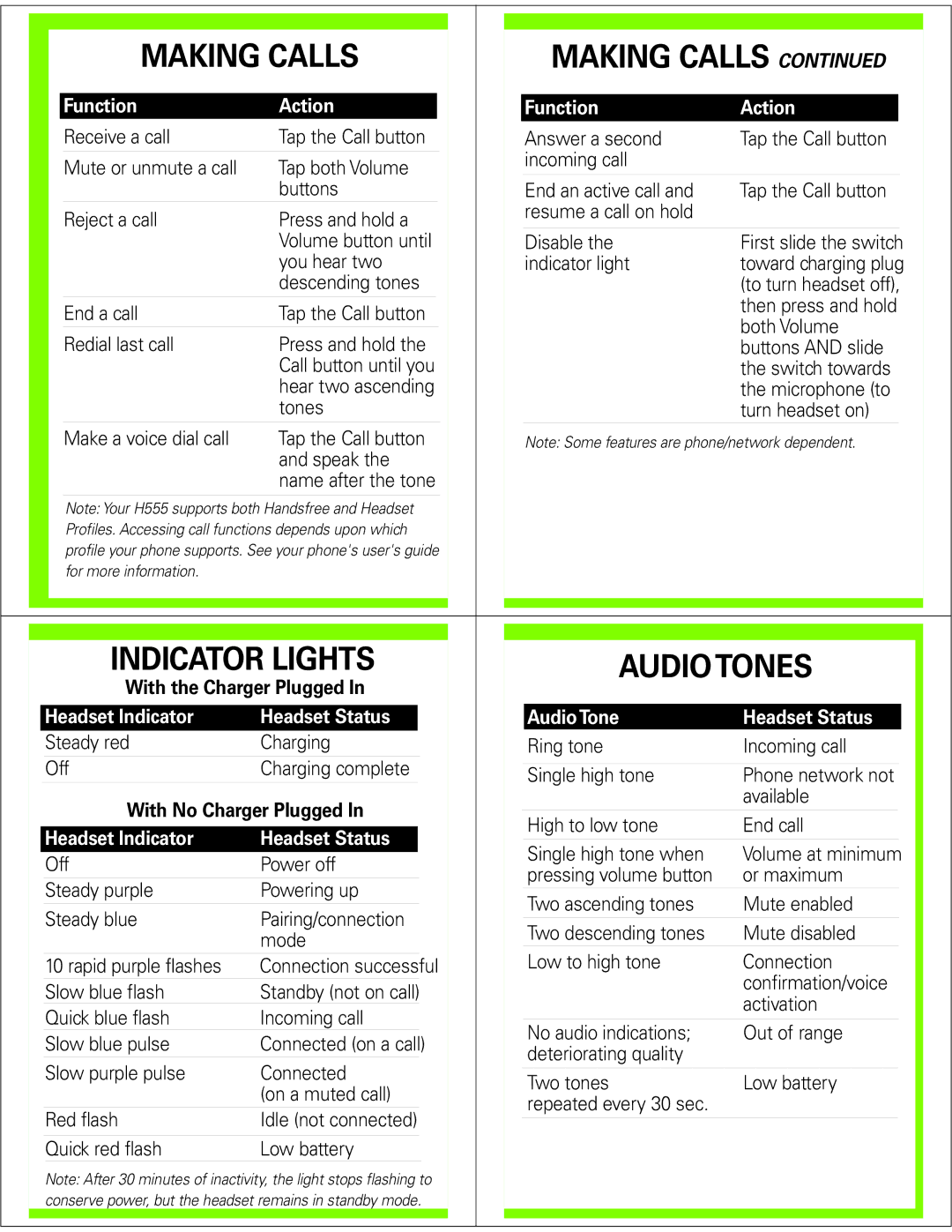 Motorola H555 manual Making Calls, Audio Tones 