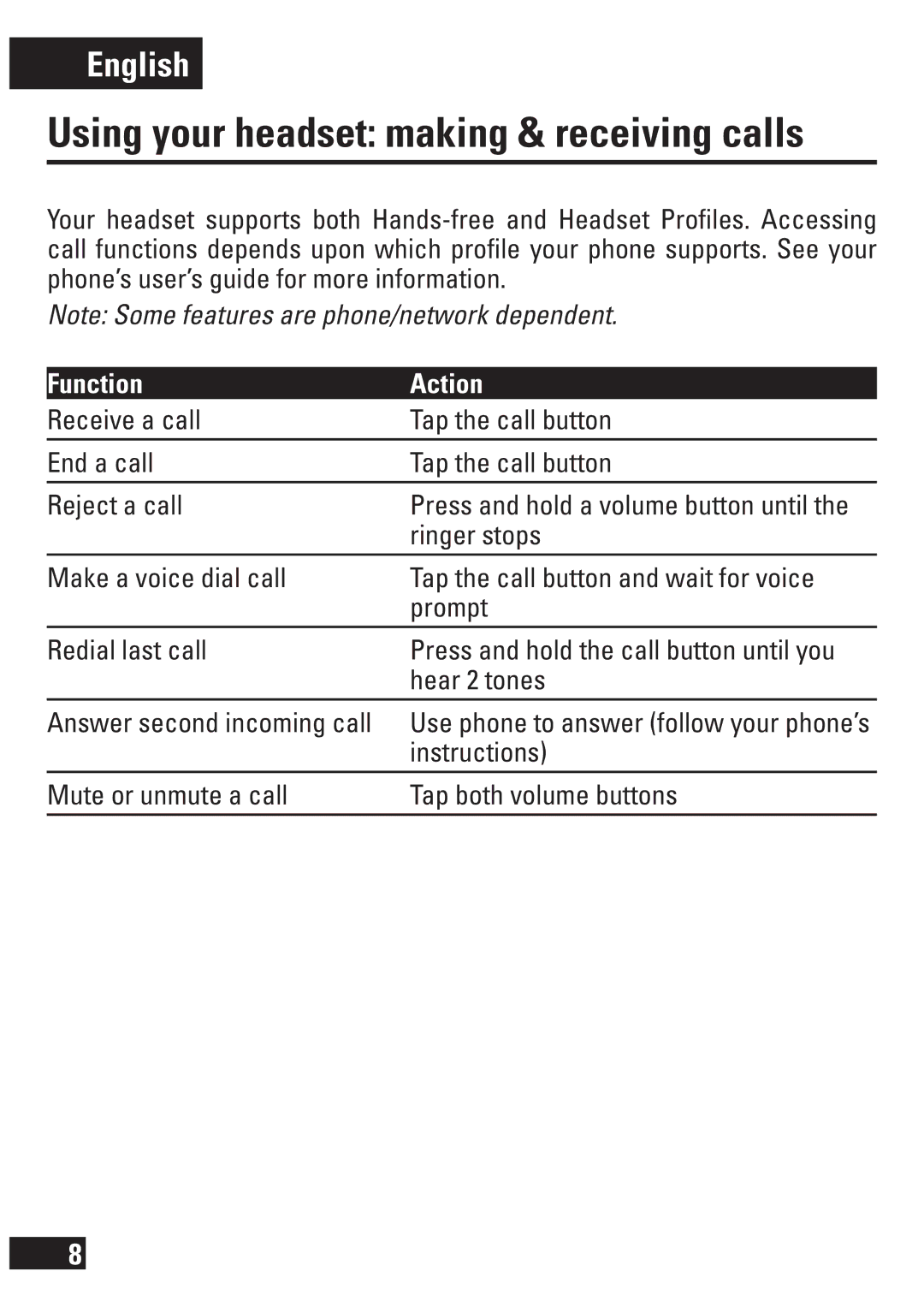 Motorola 6803578F47, H560 manual Using your headset making & receiving calls, Function Action 