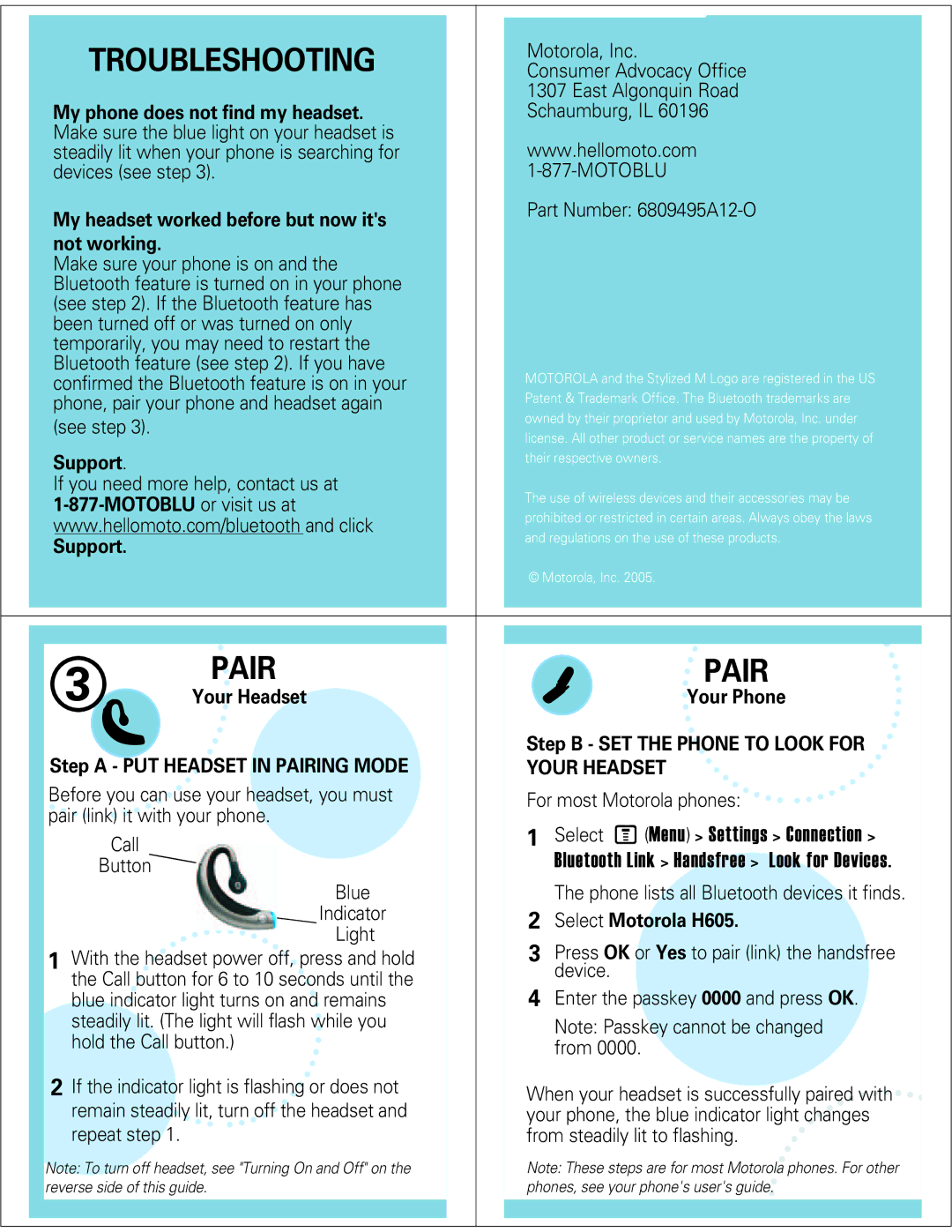 Motorola H605 manual Troubleshooting, Pair 