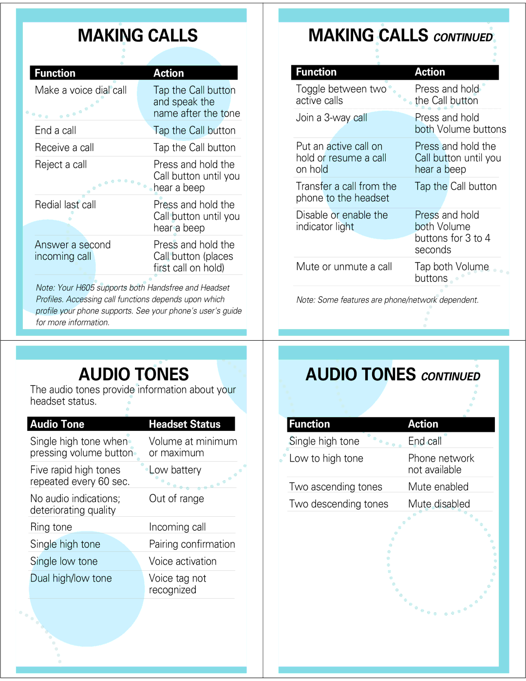 Motorola H605 manual Making Calls, Audio Tones 