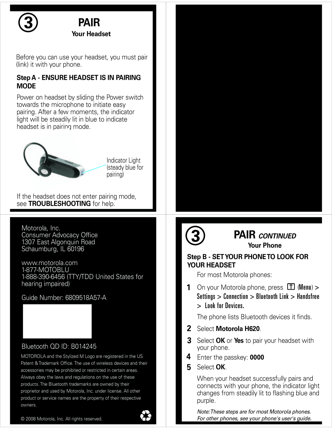 Motorola H620 quick start Pair, Look for Devices, Your Headset, Step A - ENSURE HEADSET IS IN PAIRING, Mode, Motorola, Inc 