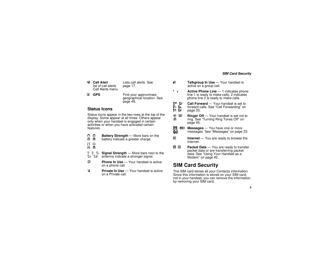 Motorola H62XAH6RR1AN manual SIM Card Security, Status Icons 