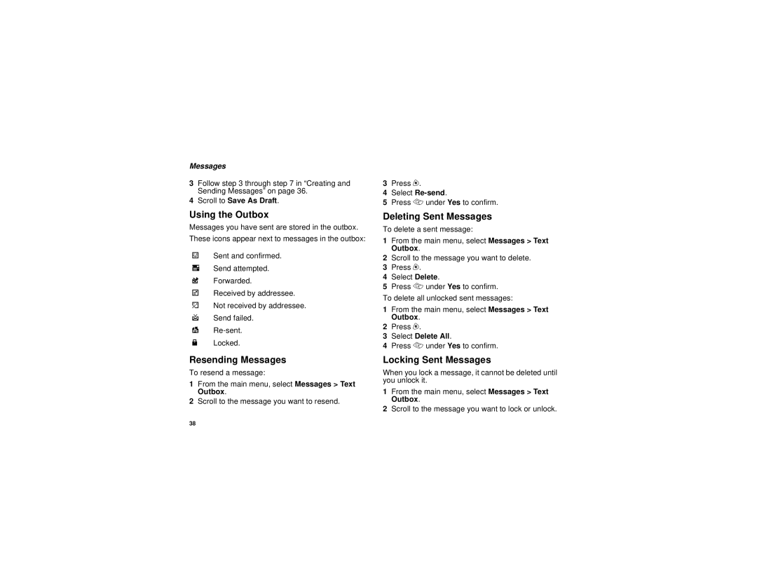 Motorola H62XAH6RR1AN manual Using the Outbox, Resending Messages, Deleting Sent Messages, Locking Sent Messages 