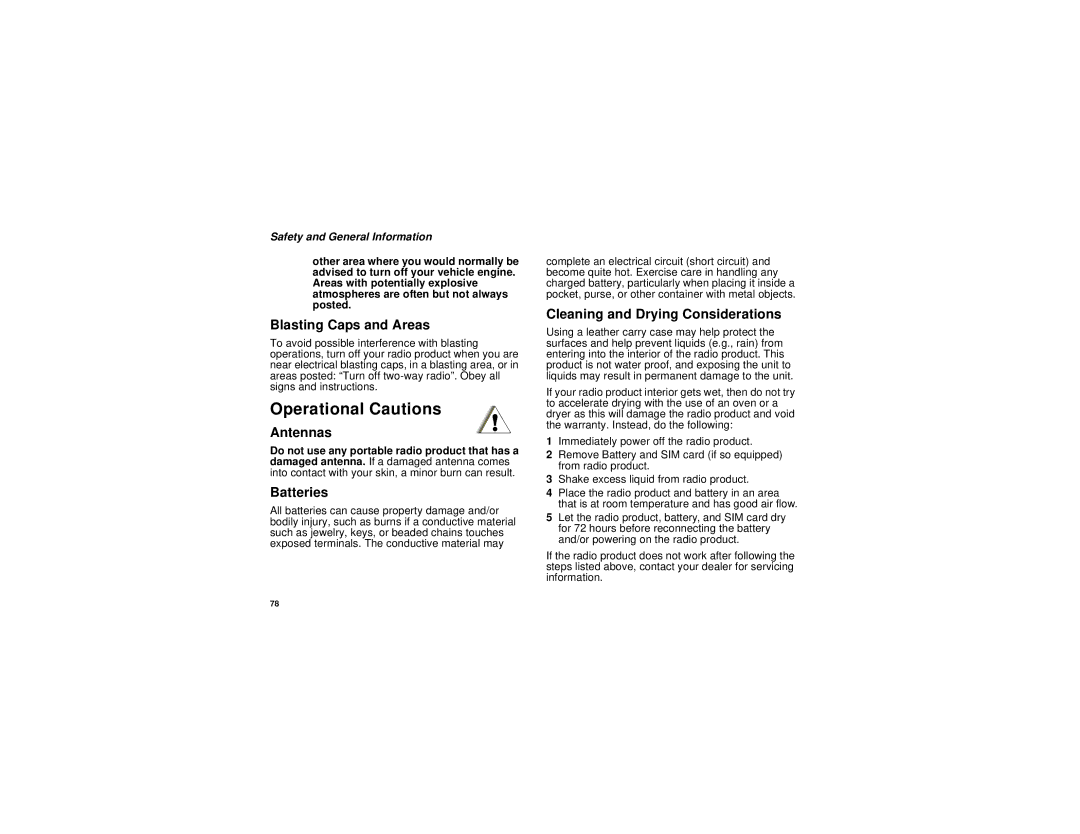 Motorola H62XAH6RR1AN manual Operational Cautions, Blasting Caps and Areas, Antennas, Batteries 