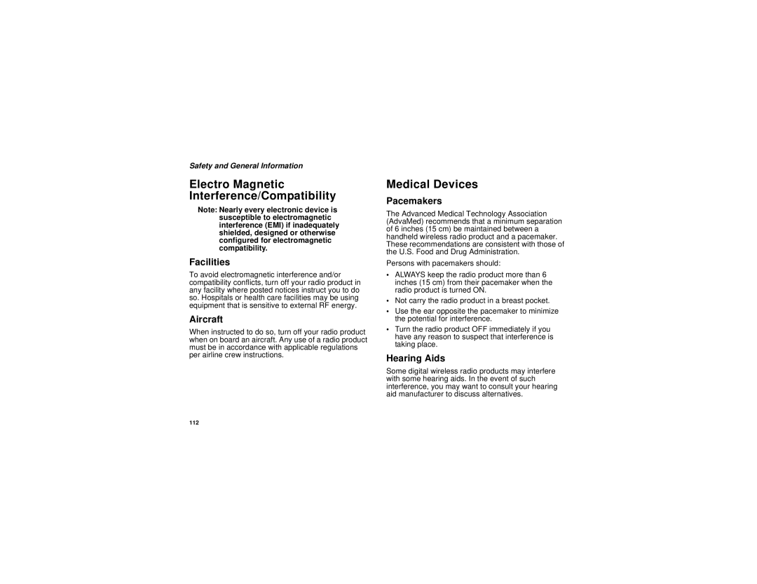 Motorola H65XAN6RR4BN manual Electro Magnetic Interference/Compatibility, Medical Devices 