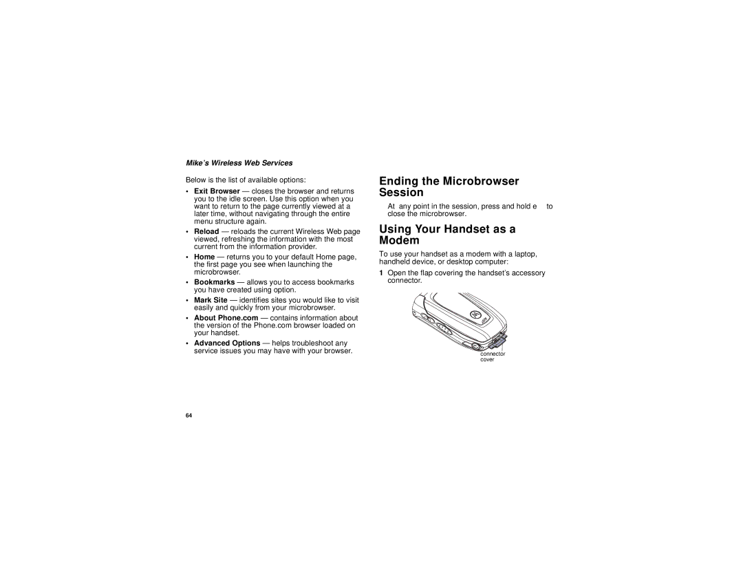 Motorola H65XAN6RR4BN manual Ending the Microbrowser Session, Using Your Handset as a Modem, Mike’s Wireless Web Services 