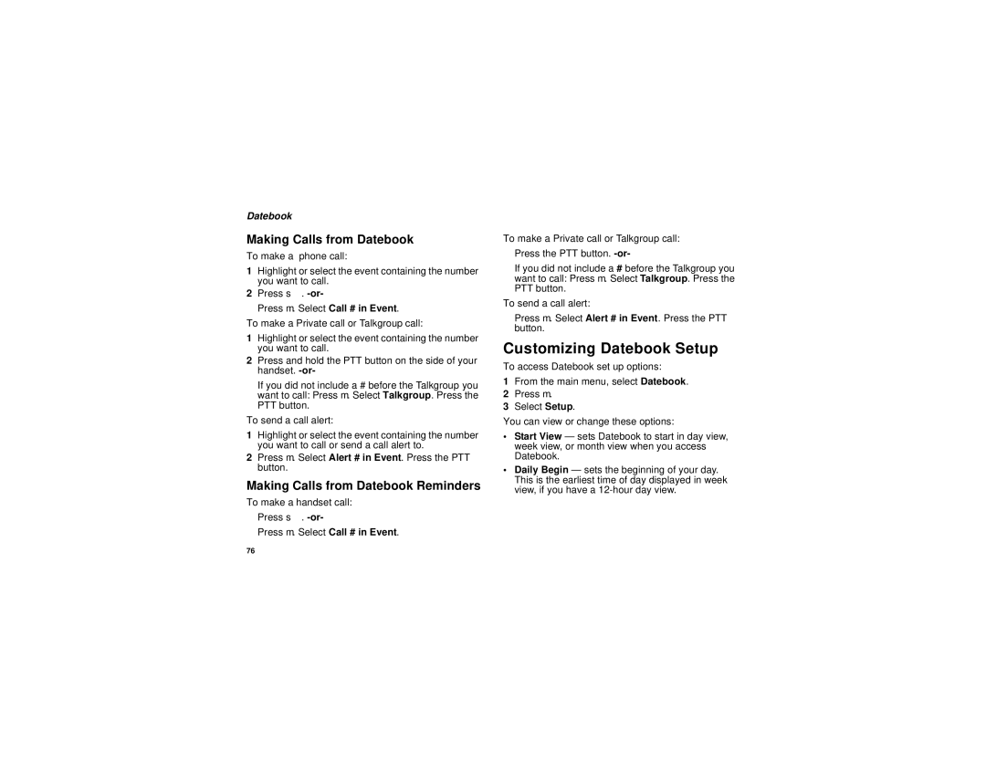 Motorola H65XAN6RR4BN manual Customizing Datebook Setup, Making Calls from Datebook Reminders 