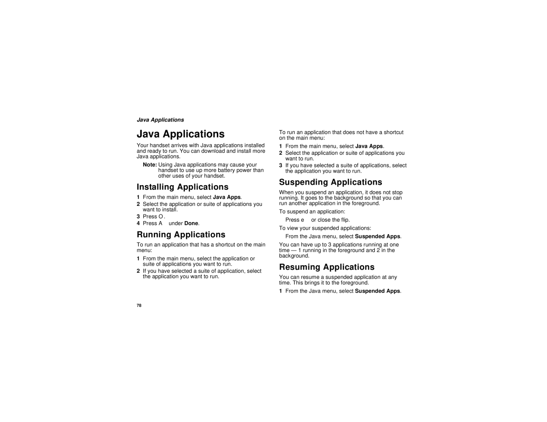 Motorola H65XAN6RR4BN manual Java Applications, Installing Applications, Running Applications, Suspending Applications 