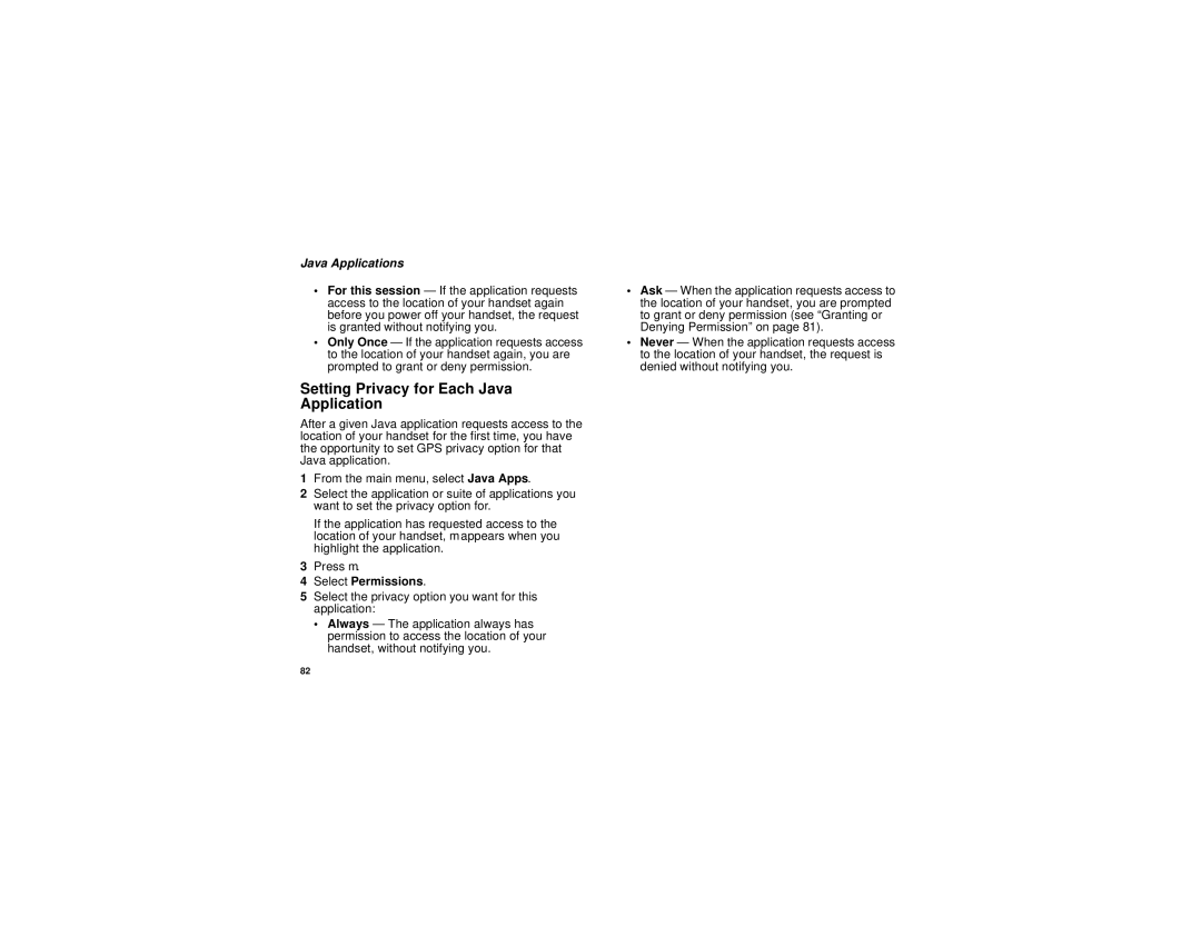 Motorola H65XAN6RR4BN manual Setting Privacy for Each Java Application, Select Permissions 