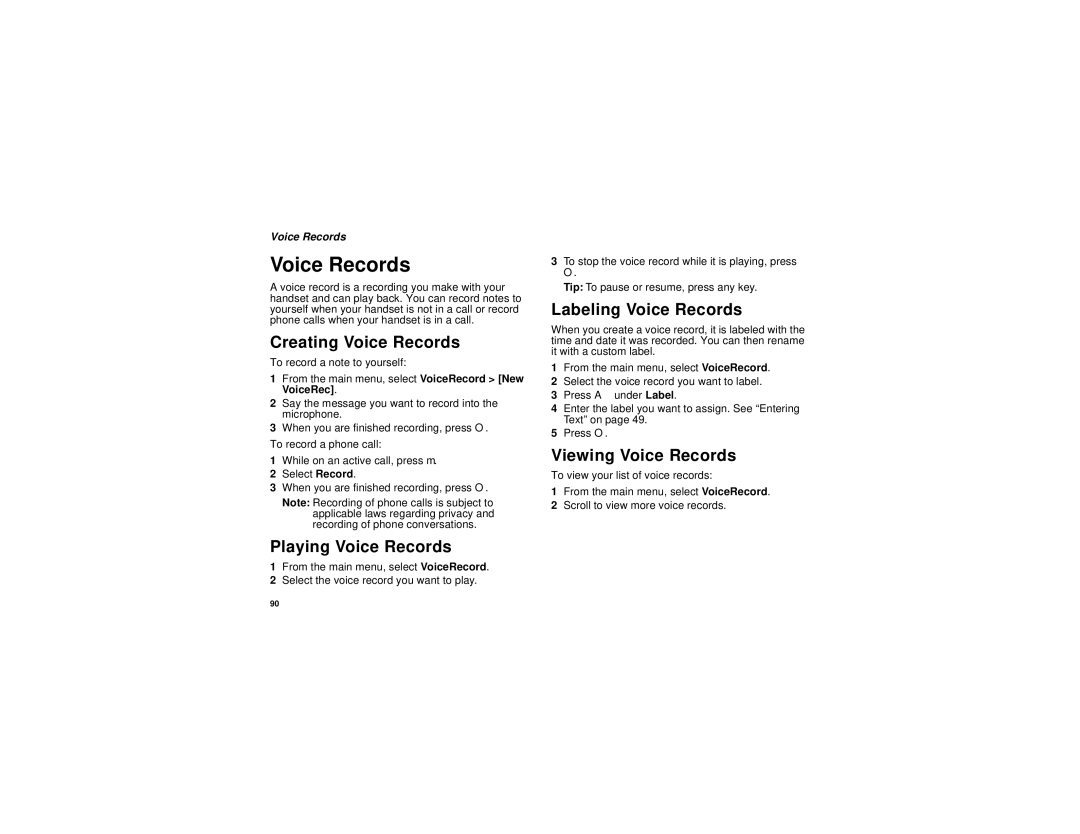 Motorola H65XAN6RR4BN Creating Voice Records, Playing Voice Records, Labeling Voice Records, Viewing Voice Records 