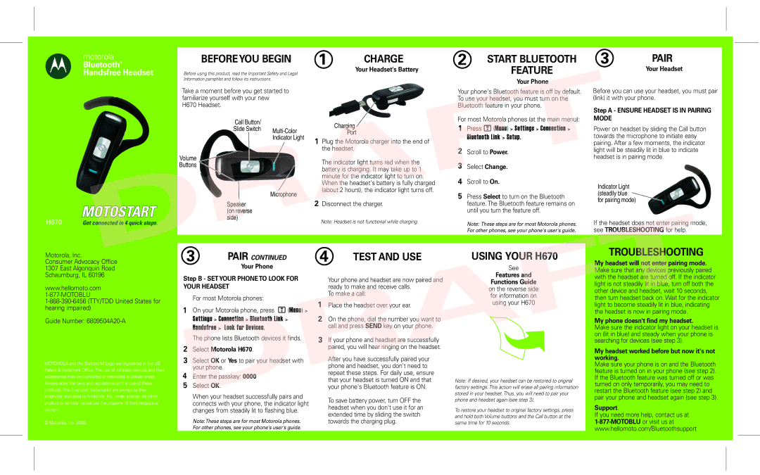 Motorola manual Beforeyou Begin Charge, Pair, Roubleshoo ING, Test and USE Using Your H670 