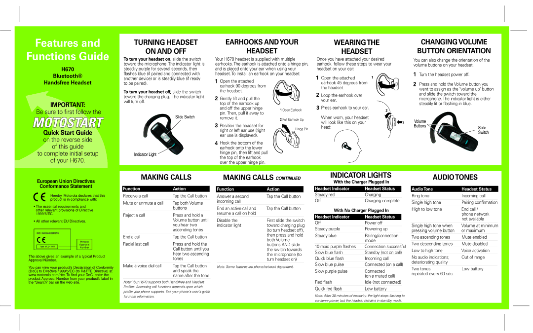 Motorola H670 Turning Headset On and OFF, Earhooks Andyour Headset, Wearingthe Headset, Changing Volume Button Orientation 