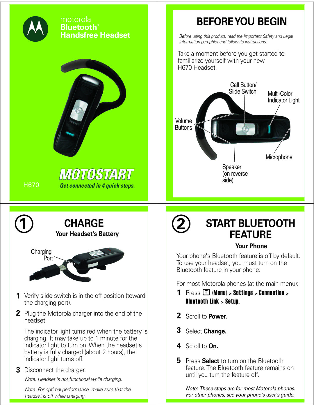 Motorola H670 manual Charge, Your Headsets Battery 