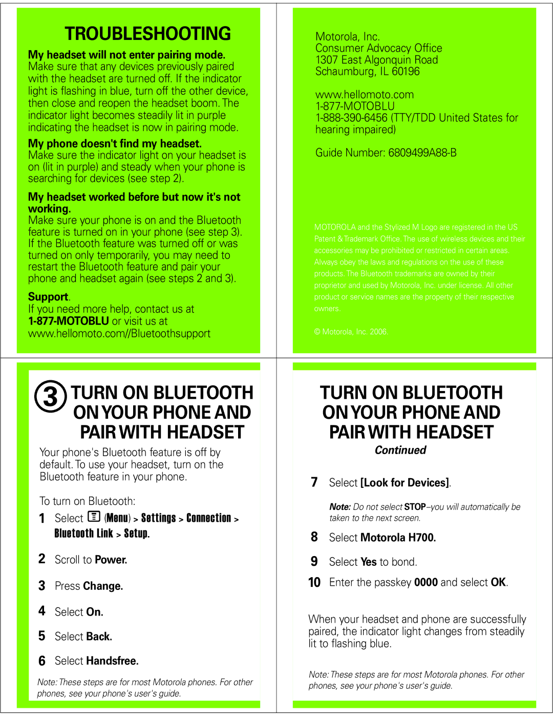 Motorola H700 manual Troubleshooting, Turn on Bluetooth, On Your Phone, Pair with Headset 