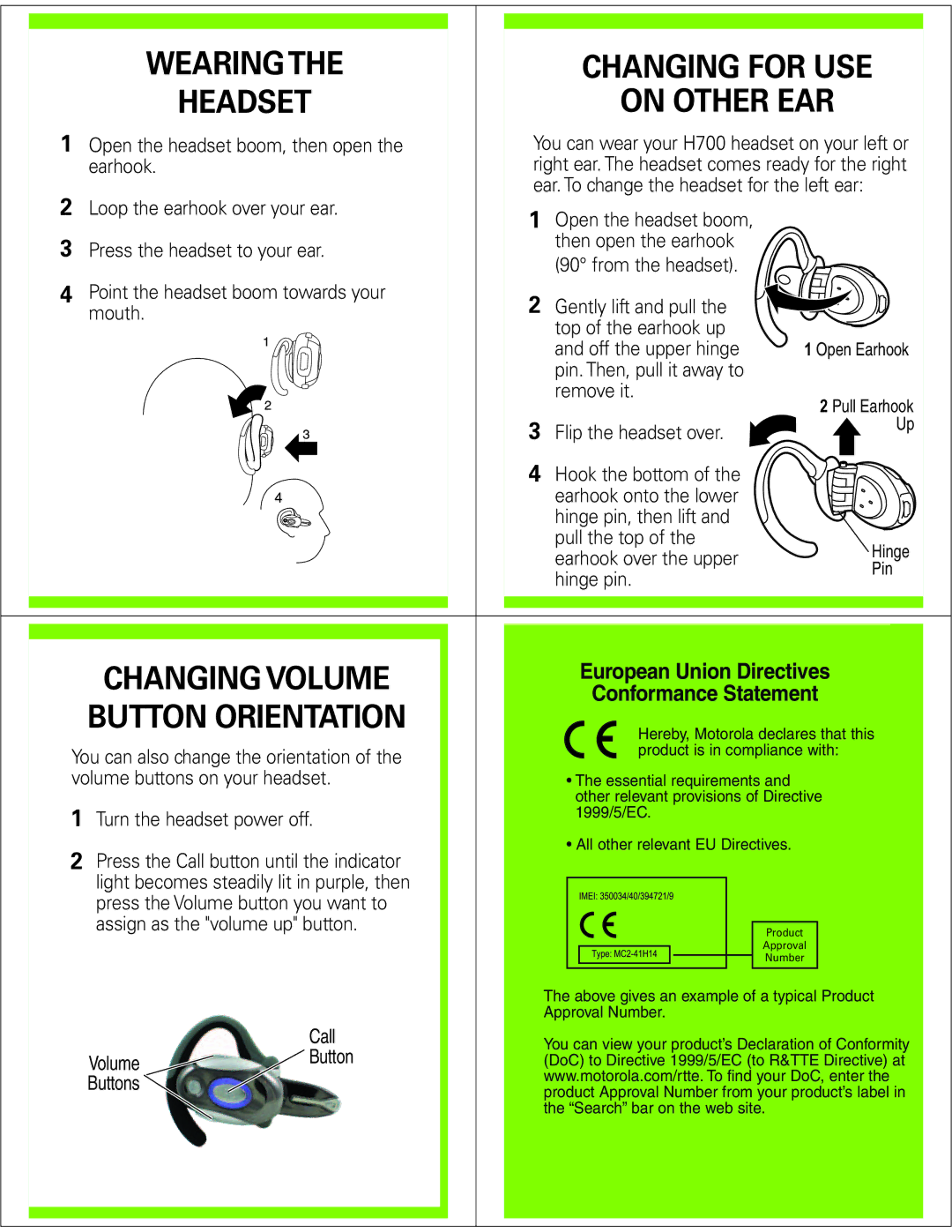 Motorola H700 manual Wearing Changing for USE Headset On Other EAR, Changing Volume, Button Orientation 