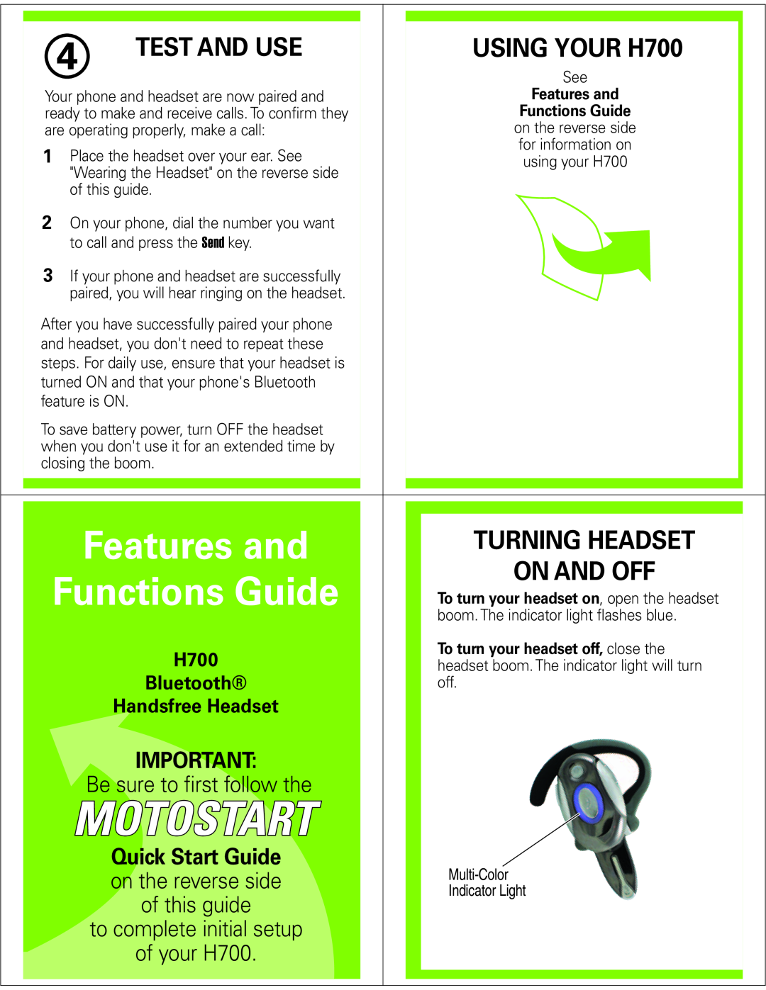 Motorola Test And Use, On And Off, Turning Headset, USING YOUR H700, Quick Start Guide, Handsfree Headset, Features and 