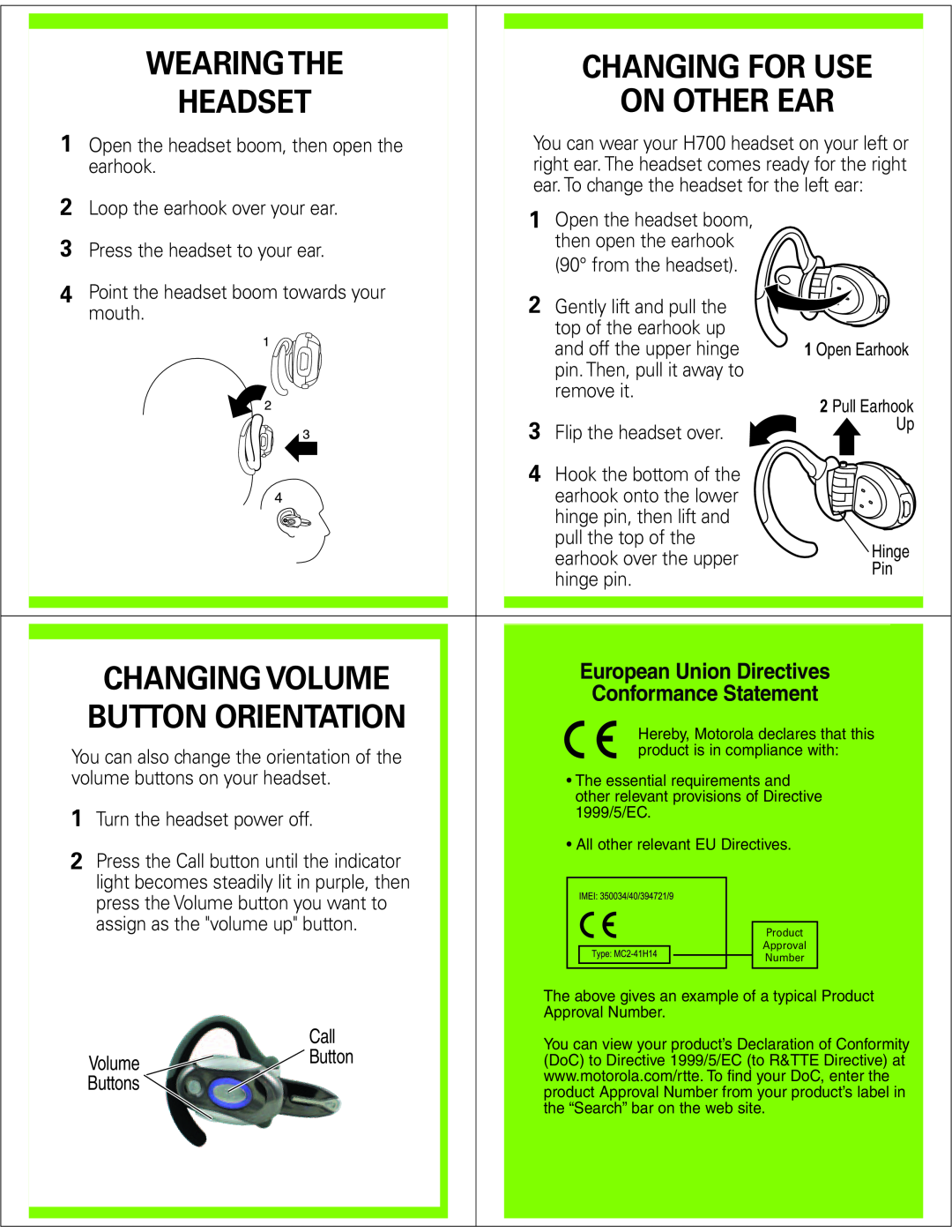Motorola H700 manual Wearing The, Changing For Use, Headset, On Other Ear, Changing Volume, Button Orientation 