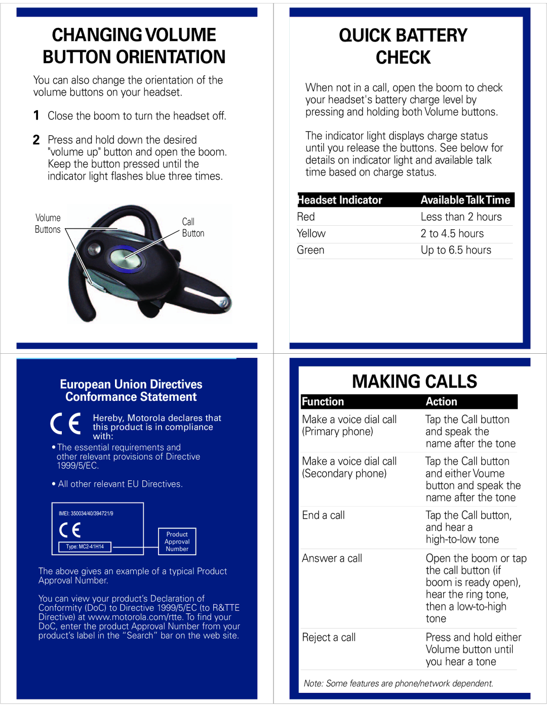 Motorola H710 Changing Volume Quick Battery Button Orientation Check, Making Calls, Headset Indicator, Function Action 