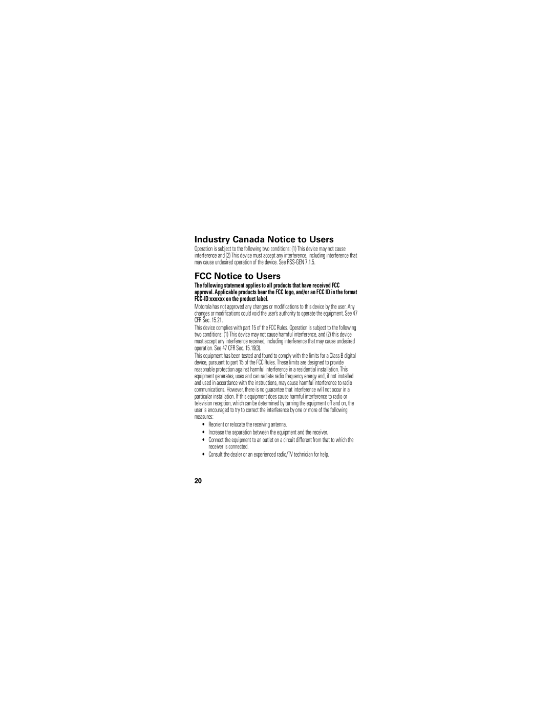 Motorola 8000202590-A Industry Canada Notice to Users, FCC Notice to Users, Reorient or relocate the receiving antenna 