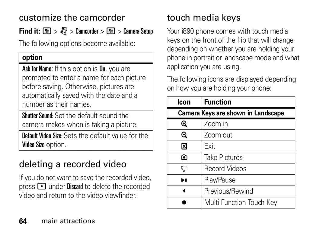 Motorola H75XAH6JS5AN, IHDT56KQ1 manual Customize the camcorder, Deleting a recorded video, Touch media keys, Icon Function 