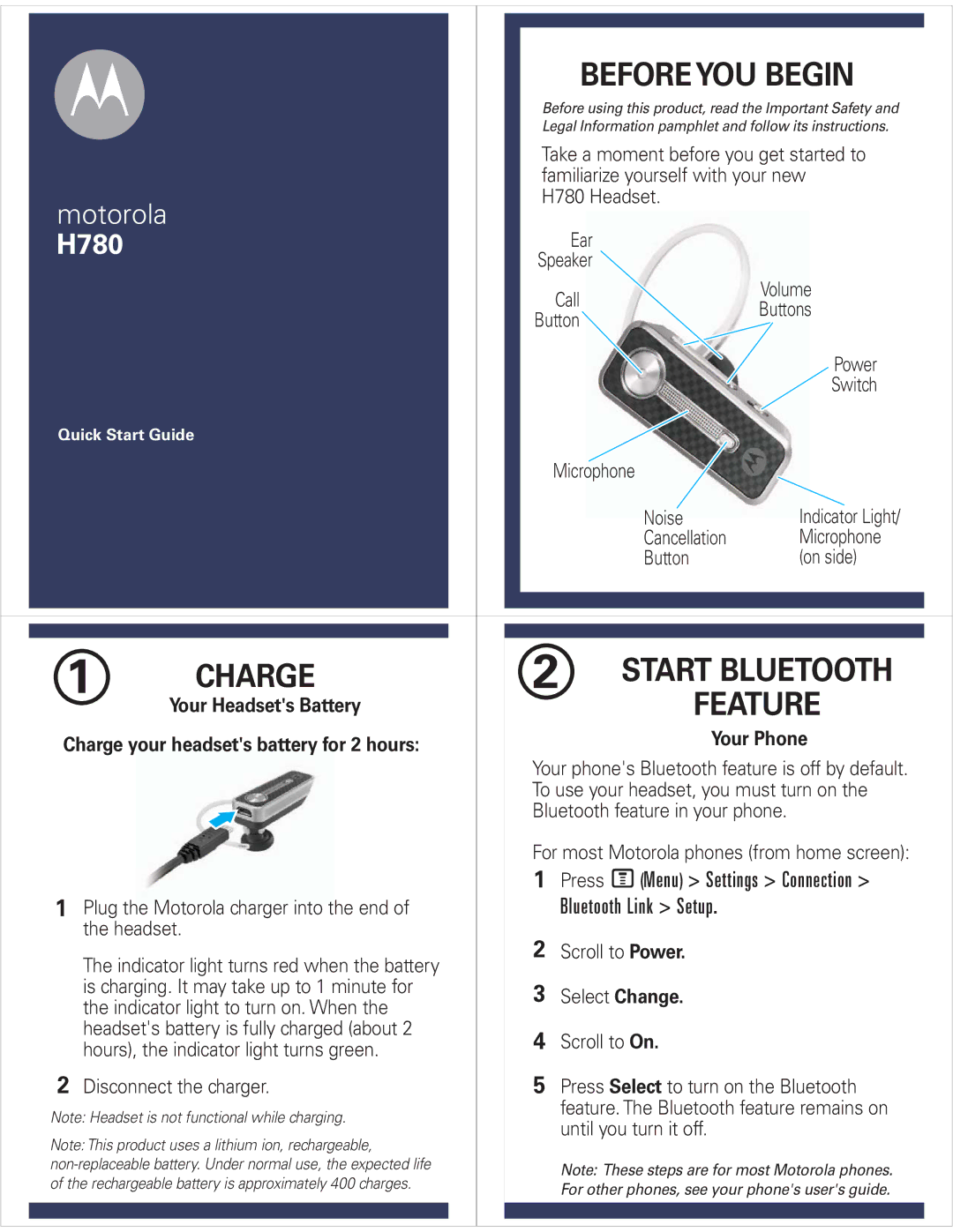 Motorola H780 quick start Charge, Before YOU Begin, Start Bluetooth, Bluetooth Link Setup, Your Headsets Battery 