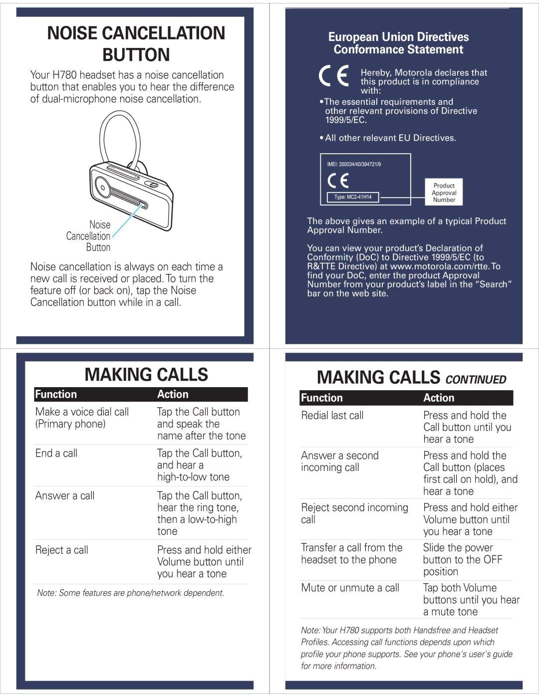 Motorola H780 quick start Making Calls, Button, Conformance Statement, Function Action 