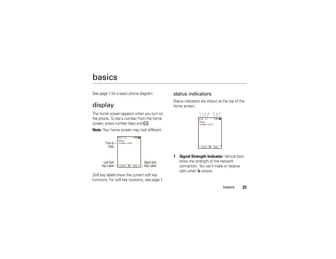 Motorola H88XAH6JR2AN manual Basics, Display, Status indicators 