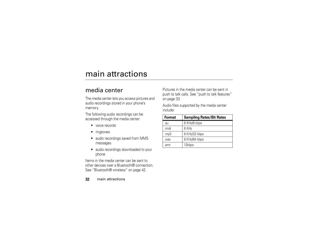 Motorola H88XAH6JR2AN manual Main attractions, Media center, Format Sampling Rates/Bit Rates 