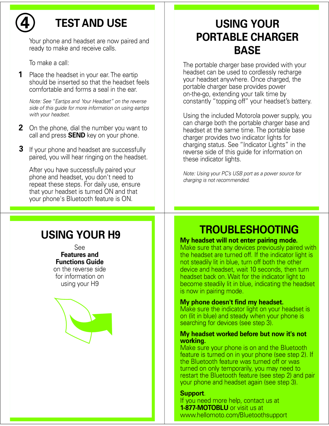 Motorola manual Test and USE Using Your, Troubleshooting, Using Your H9, Base 