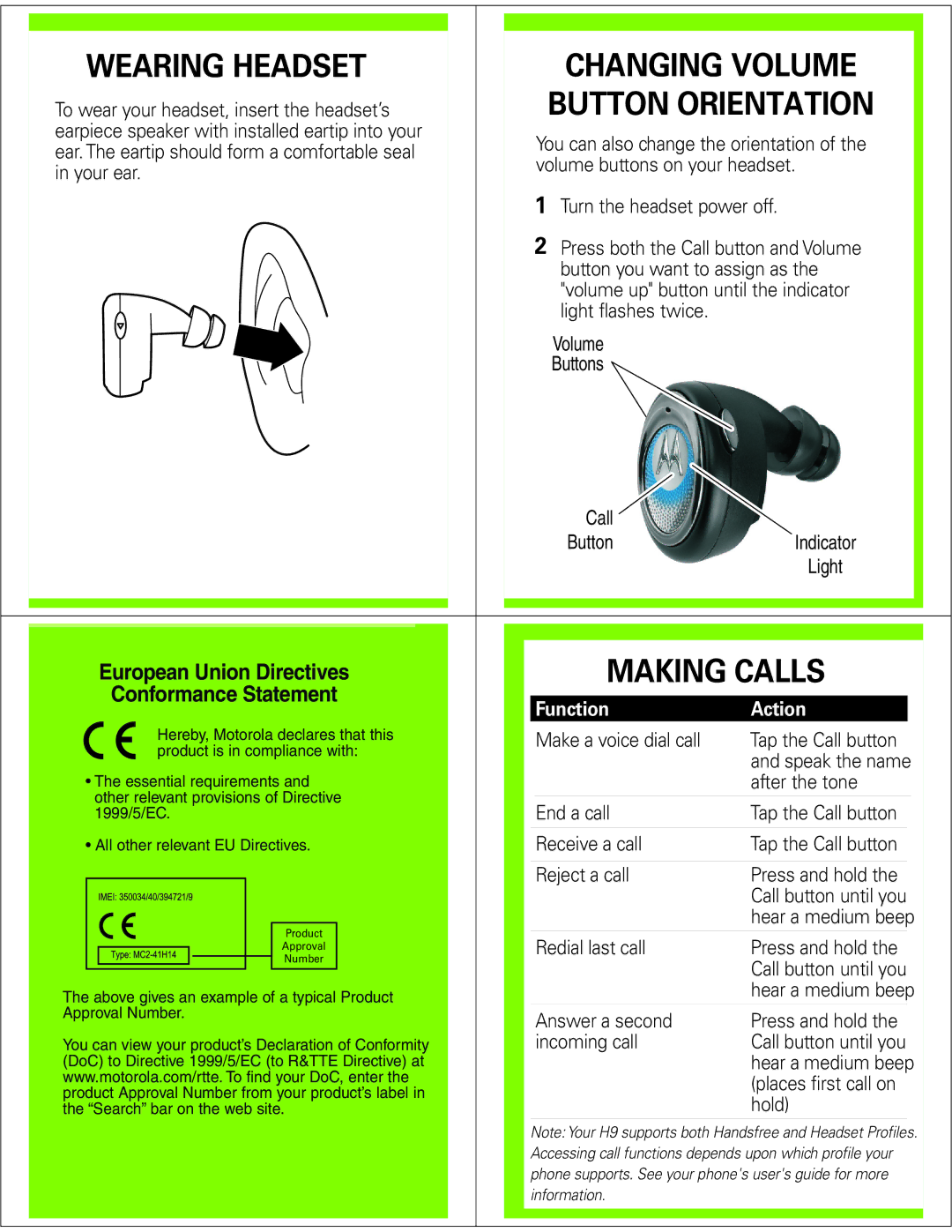 Motorola H9 manual Wearing Headset, Making Calls, Button Orientation, Conformance Statement, Function Action 