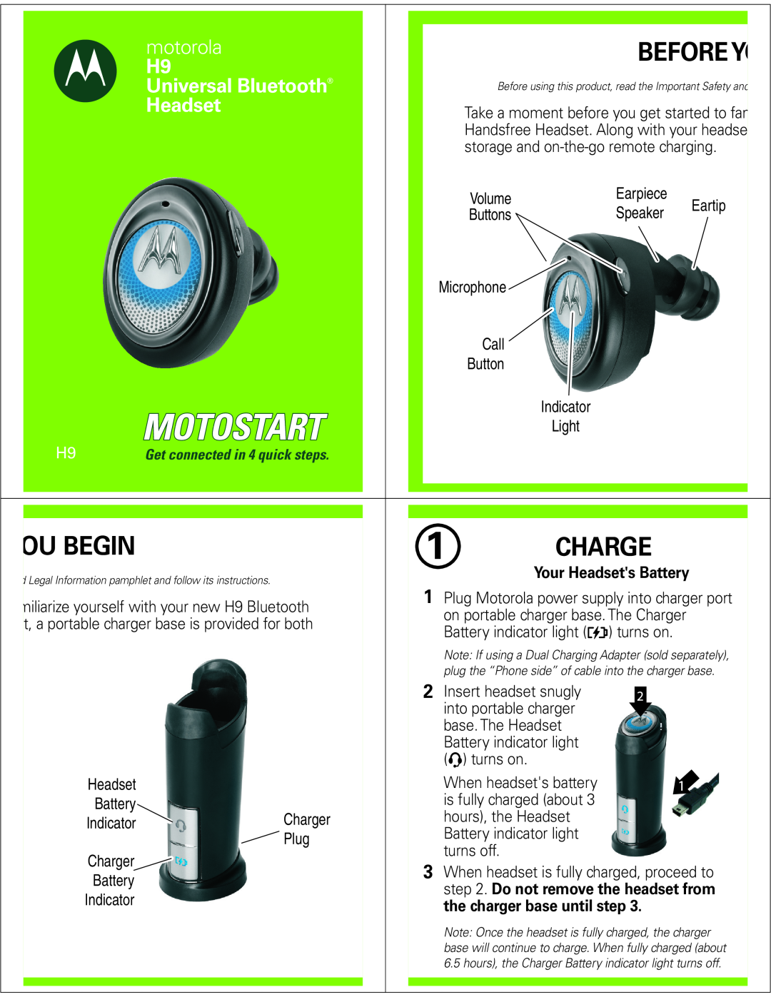 Motorola H9 manual Ou Begin, Charge, Before Yo, Your Headsets Battery, Do not remove the headset from, motorola 