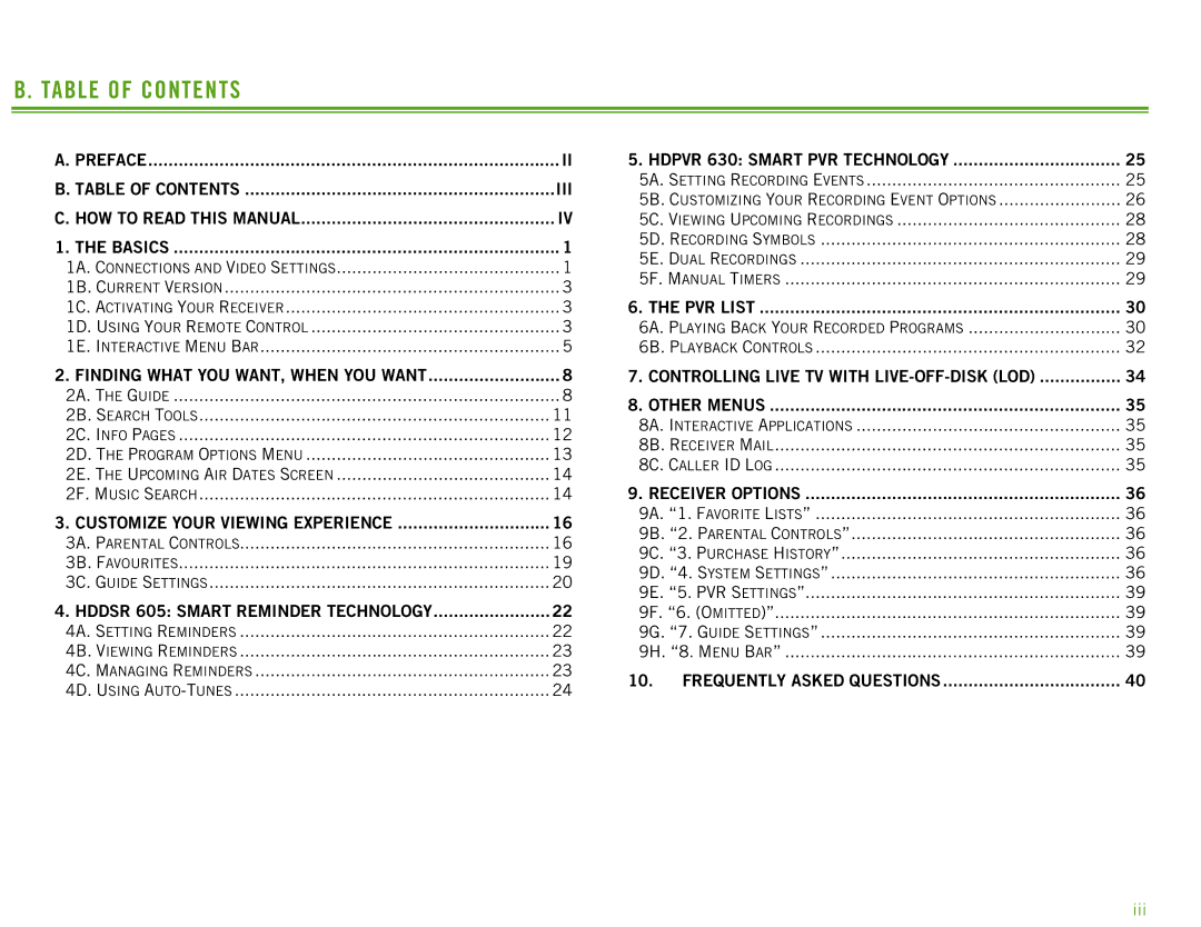 Motorola HDPVR 630, HDDSR 605 manual Table of Contents 