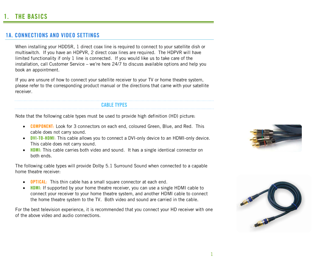 Motorola HDPVR 630, HDDSR 605 manual Basics, 1A. Connections and Video Settings, Cable Types 