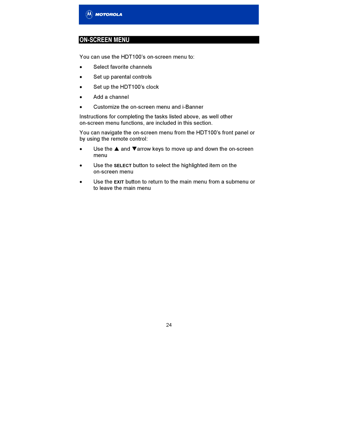 Motorola HDT100 manual ON-SCREEN Menu 