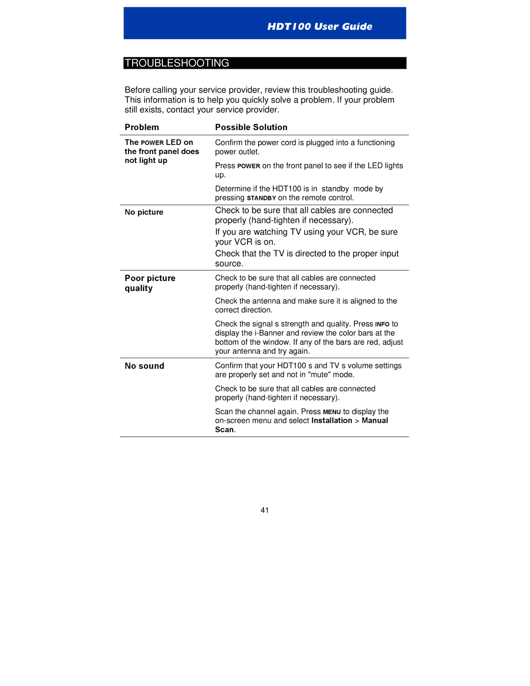 Motorola HDT100 manual Troubleshooting, Problem Possible Solution, Poor picture, Quality, No sound 